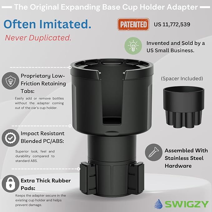 Swigzy Car Cup Holder Expander (Long Base) - Adjustable Expandable Insert Extender, Automotive Adapter Holds Hydro-Flask, Yet
