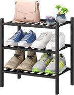 viewcare Small Shoe Rack for Entryway,3-Tier Black Bamboo Shoe Organizer for Hallway Closet, Free Standing Shoe Racks for Ind
