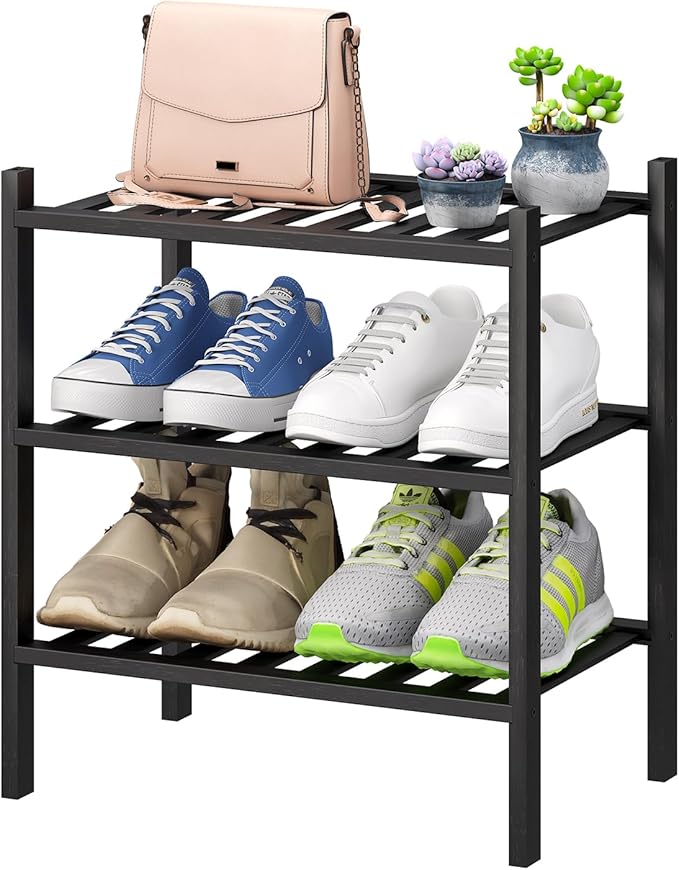 viewcare Small Shoe Rack for Entryway,3-Tier Black Bamboo Shoe Organizer for Hallway Closet, Free Standing Shoe Racks for Ind