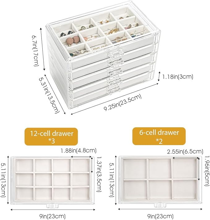 ProCase Earring Holder Organizer Jewelry Box with 5 Drawers, Acrylic Clear Earring Case with Adjustable Velvet Trays for Wome