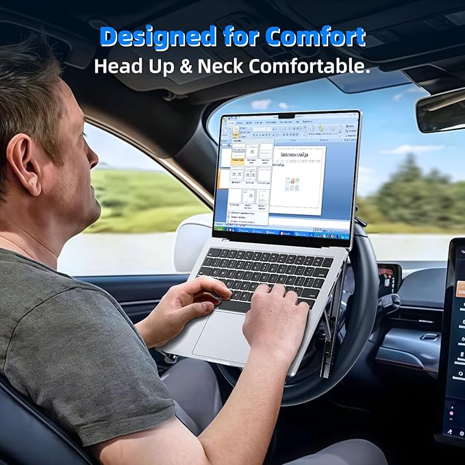 Angle Adjustable Car Steering Wheel Laptop Holder,Foldable Laptop Stand for car,Metal Car Laptop Riser | Car Reading Stand | Car Tablet Holder, Multipurpose Travel Car Accessories (Gray)