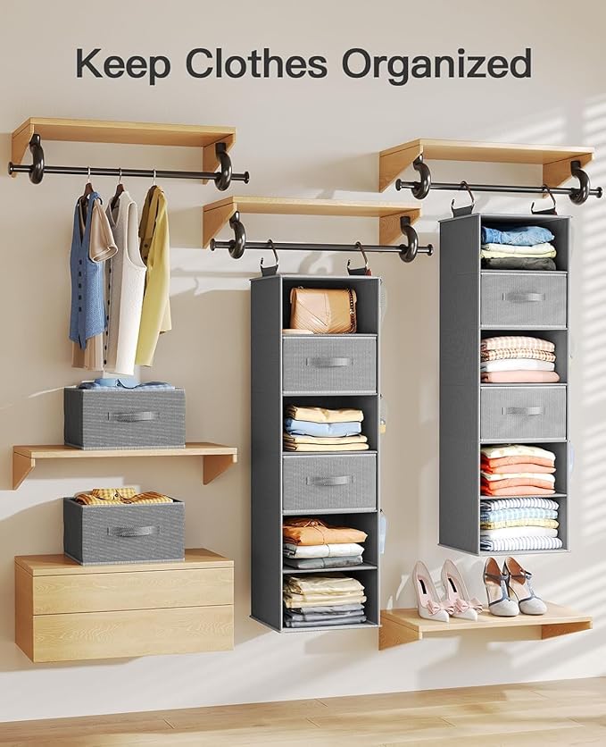 Pipishell Hanging Closet Organizer 6-Shelf, Hanging Shelves for Closet with 3 Removable Drawers & Side Pockets for Bedroom, G