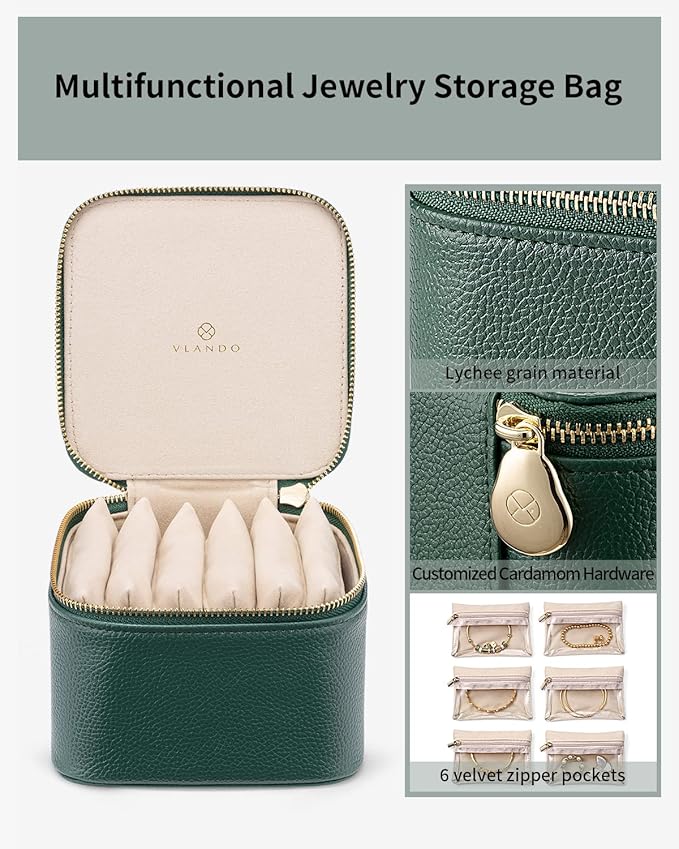 VLANDO Jewelry Travel Case,Travel Jewelry Organizer with Clear Velvet Jewelry Bags 6Pcs Zipper Pouch for Women Girl Christmas