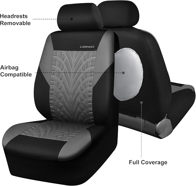CAR PASS Car Seat Covers Two Front Only for Car, 3D Tyre Print Automotive Interior Covers, Airbag Compatible, Quick Setup Uni