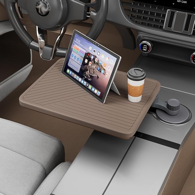Car Tray & Car Desk for Laptop with Anti-Slip Protective Mat, 360° Rotating Wood Cup Holder Table, Eating Food, Working, Compatible with Tesla Model Y/3/S, Ford F150/Explorer/Maverick & Most Vehicles