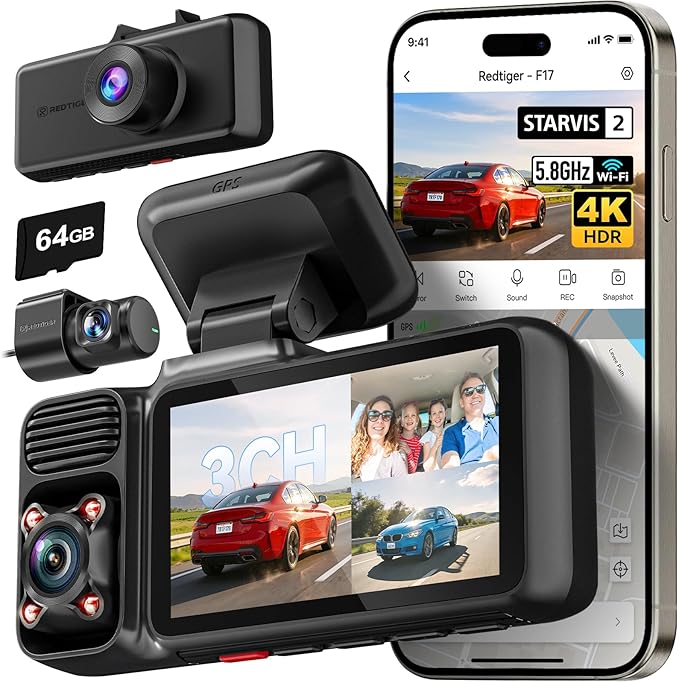 REDTIGER F17 4K 3 Channel Dash Cam, STARVIS 2 IMX675 HDR, 2160P+1080P+1080P Front Inside and Rear Triple Car Camera with 64GB