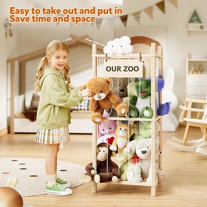 Dayacoco Stuffed Animal Storage, 2 Layer Wood Stuffed Animal Organizer Zoo, Toy Stuffy Storage Bin with Elastic Band and Net 