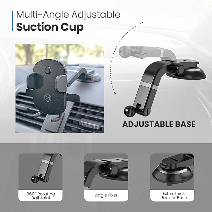 Grip Cradle Car Phone Mount – Universal Compatibility, 360° Rotation, 2 Mounting Options, Hands-Free Convenience for Phones - Multi-Angle Adjustable Suction Cup