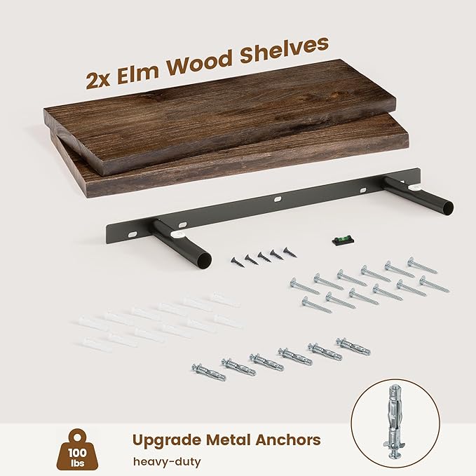 Live Edge Elm Floating Shelves for Wall Decor, Rustic Solid Wood Shevles Wall Mounted with Invisible Bracket for Living Room 