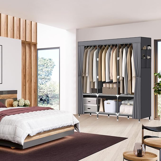 LOKEME Wardrobe Closet,Portable Closet for Bedroom Steel Pipe Diameter 19mm Strong and Sturdy Grey Portable Closets for Hangi
