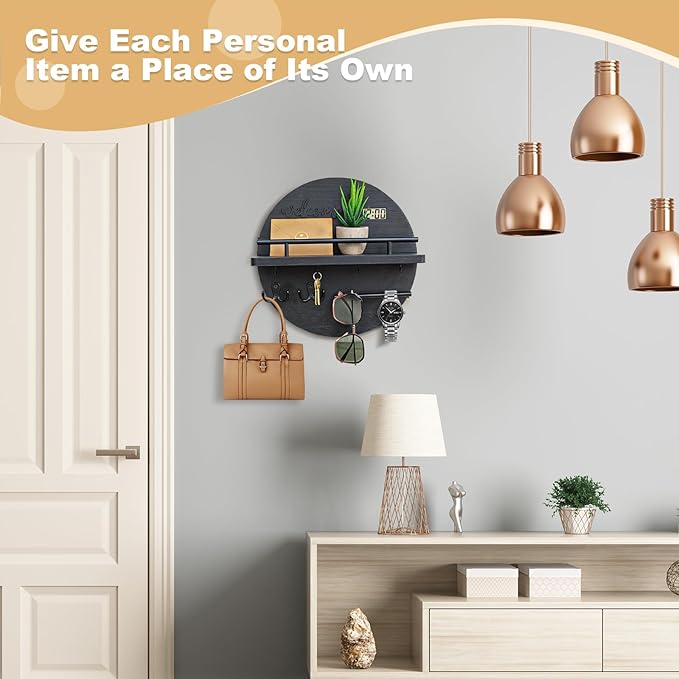 Key Holder for Wall, Key and Mail Holder Organizer with - Key Holder Wall Mount - Round Wooden Rustic Home Decor for Entryway
