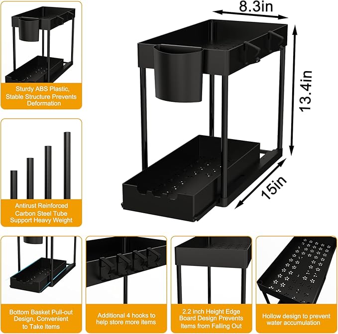 2 Pack Under Sink Organizers and Storage, 2-Tier Sliding Cabinet Organizer Drawer for Bathroom and Kitchen – Multi-Purpose Ca