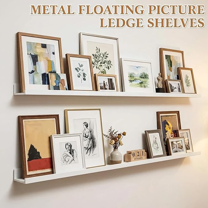 Pinkunn 2 Pack 36 Inch Metal Floating Picture Ledge Shelves, Wall Mounted Picture Shelf with Lip Heavy Duty Industrial Iron D