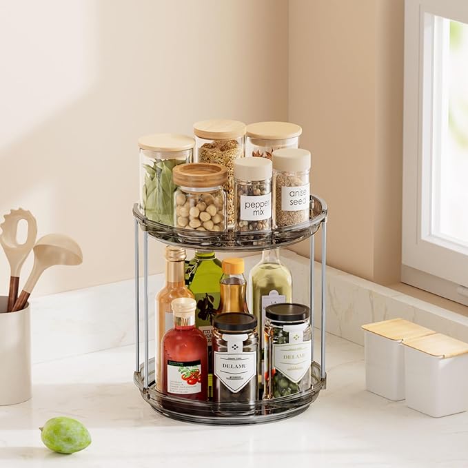 Delamu 2 Tier Rotating Makeup Organizer for Vanity, Skincare Organizer for Bathroom Counter, Spinning Perfume Organizer Cosme