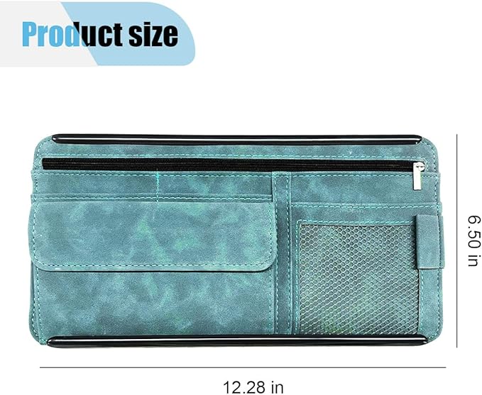 Car Sun Visor Organizer, Car Storage Pouch Holder with Multi-Pocket Net Zipper, Suede Note Holder Car Visor Storage Organizer with Glasses Case, Sunglass Holder for Car Interior Accessories (Blue)