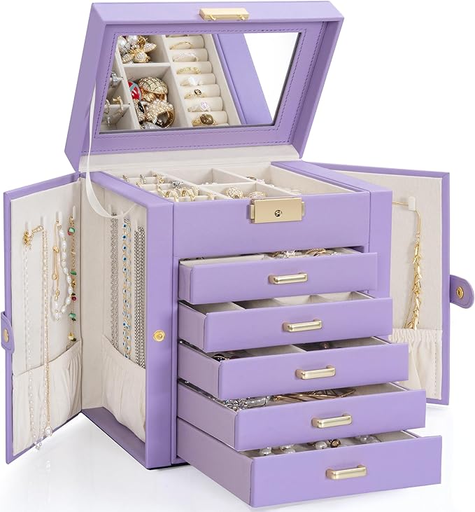 TORIBIO Large Jewelry Box for Women, Leather Jewelry Organizer with Mirror & Lock, 6-Tier Jewelry Storage Case for Girls/Wome