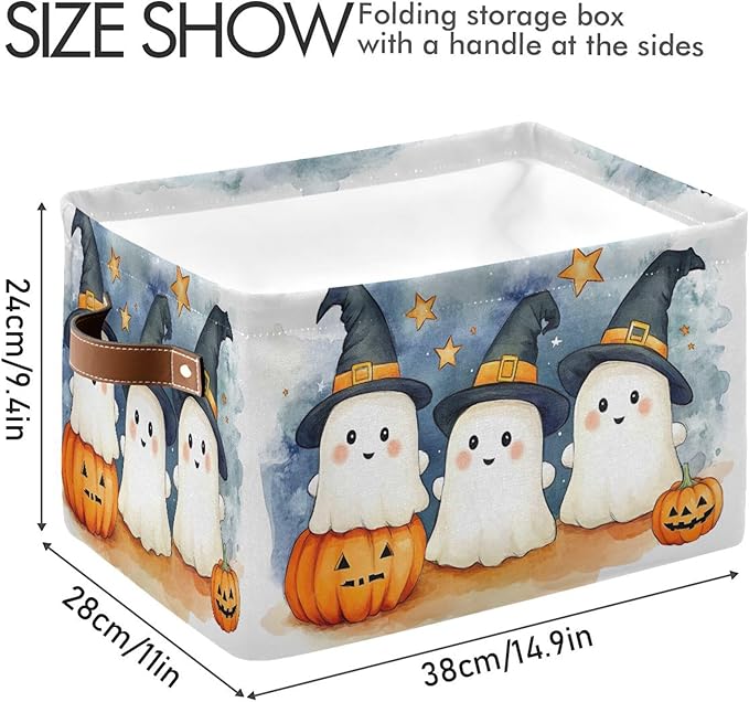 xigua Cute Cartoon Ghosts Storage Basket Foldable Storage Bin, Canvas Rectangular Storage Basket with Leather Handles for Hom
