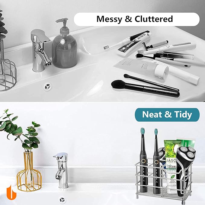 Urbanstrive 304 Stainless Steel Bathroom Toothbrush Holder Toothpaste Holder Stand Bathroom Accessories Organizer (Silver, La