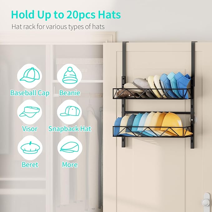 HapiRm Hat Organizer for Baseball Caps - 2 Tier Over the Door & Wall Mounted Hat Rack with 2 Adjustable Metal Basket, Storage