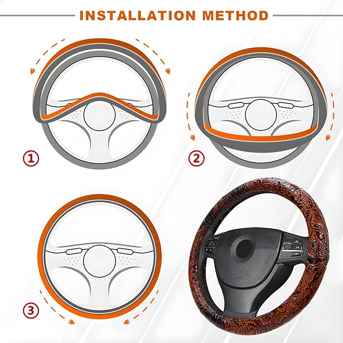 Leather Car Steering Wheel Cover, 15 Inch Anti-Slip Crocodile Pattern Steering Wheel Wrap with Rose Grain, Comfortable Grip W