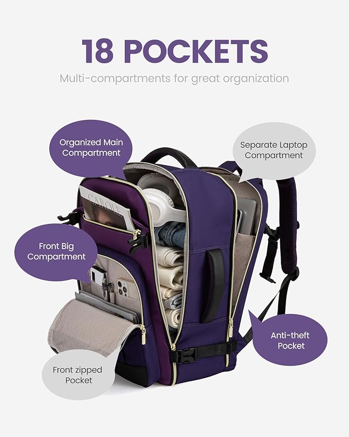 LOVEVOOK 50L Travel Backpack for Women & Men - 18 Inch Carry On Backpack & Personal Item Backpack for Airlines, Spacious and 