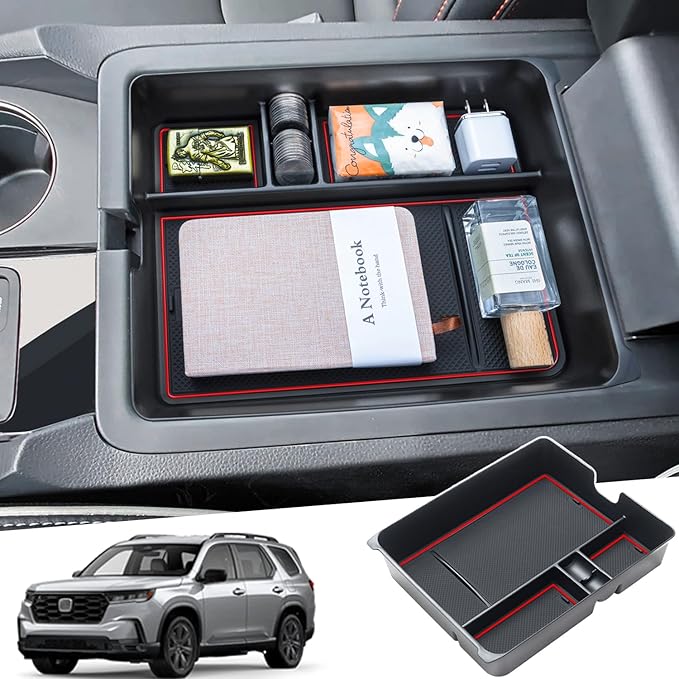 PIMCAR Center Console Organizer for 2023-2026 Honda Pilot, 2024-2026 Honda Ridgeline/Passport Upgrade Design Tray Accessories Interior Armrest Box Divider ABS Plastic Material-Red Trim