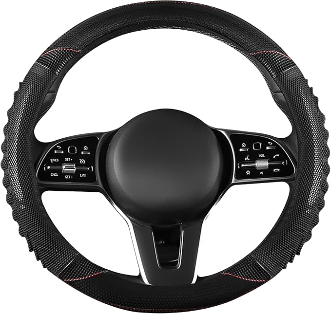 5D Honeycomb Black Car Steering Wheel Cover,14.5-15 Inch Universal Carbon Fibre Leather Covers Breathable Anti-Slip Odorless 