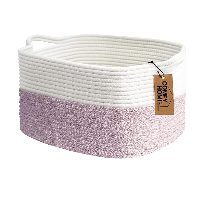 COMFY-HOMI Cotton Rope Woven Medium Basket with Handles for shelf，Cloth Storage Basket for Organizing-13.5X11X9.5 Storage Bin