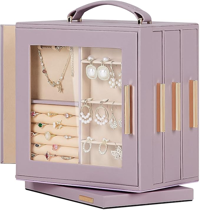 Homde Jewelry Box 360° Rotating, Necklace Earring Organizer with Transparent Window, Mirror, 7 Drawers, Large Ring Display St