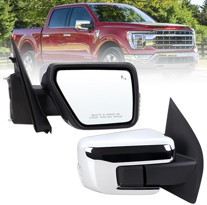 Right Passenger Side Door Mirror Compatible With 2021-2026 Ford F150 With Manual Folding Heated Blind Spot Turn Signal Light Puddle Light Temperature Sensors Chrome Replace#ML3Z17682SA(13Pins)