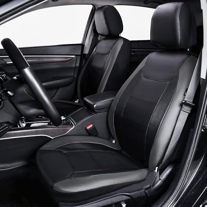 Flying Banner car seat Covers Protects Water Proof Faux Leather Carbon Fiber Front and Rear Bench (Gray Black, Full Set - 9PC