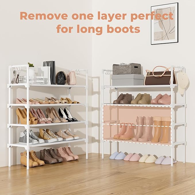 LANTEFUL 4 Tier Shoe Rack for Closet Shoe Organizer with 5 Hooks, Long Shoe Shelf Storage for Shoe and Boot Stackable Free St