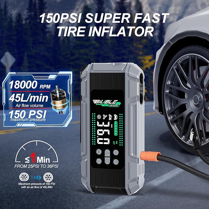 8000A Jump Starter with Air Inflator/Deflator Compressor, 65W Charging Car Battery Jump Starter (All Gas/16L Diesel),