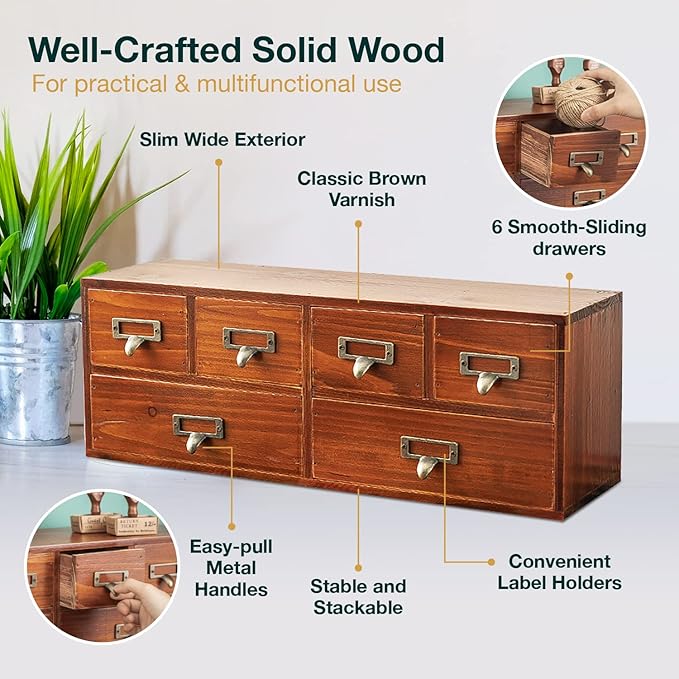 6-Drawer Vintage Desk Organizer Classic Brown Wood Storage Drawers for Tabletop - Slim Retro Style Desktop Organizing Cabinet