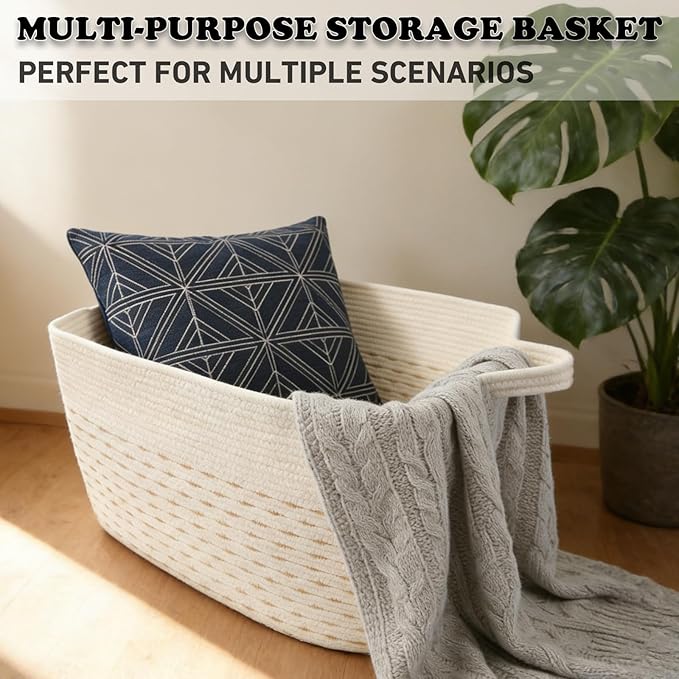 65L Large Blanket Basket,21"x16"x12" Rectangle Storage Bin with Handles,Woven Rope Laundry Basket for Toys, Clothes,Pillows,M