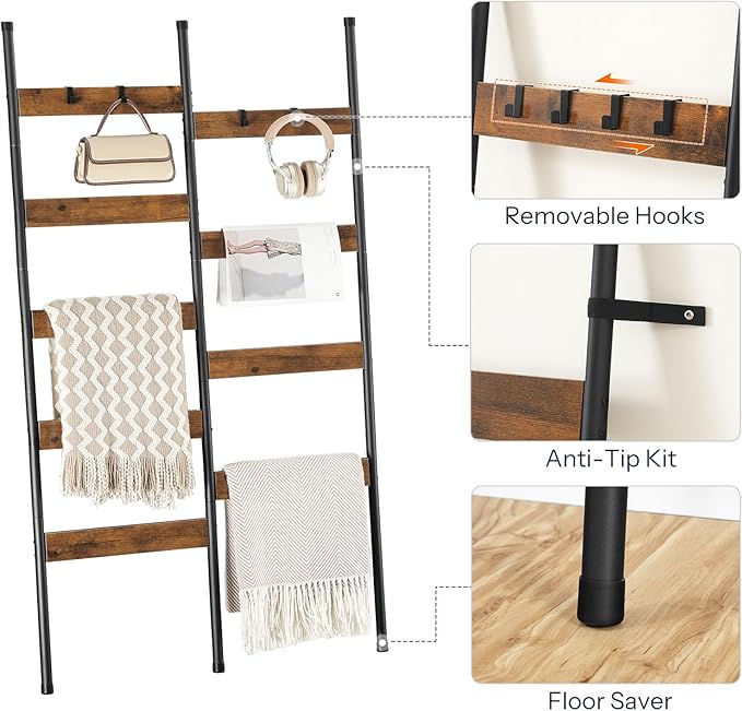 HOOBRO Blanket Ladder, 33.9" L Wall-Leaning Towel Rack, Double Row Blanket Rack for Large Capacity, Metal Frame, Anti-Tip Des