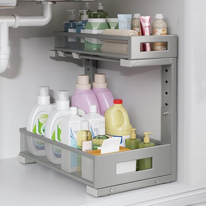 1 Pack-11.4"-16.14" H Under Sink Storage Organizer, Large 2-Tier Elegant Mesh Pull Out Shelf for Kitchen & Bathroom Cabinet O