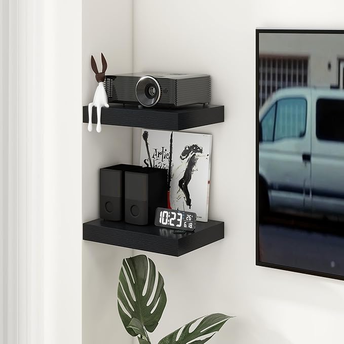 Deep Floating Shelves | 16 Inch Black Floating Shelves Set of 2 | 12 Inch Deep Black Wall Shelves | Deep Shelves for Living R