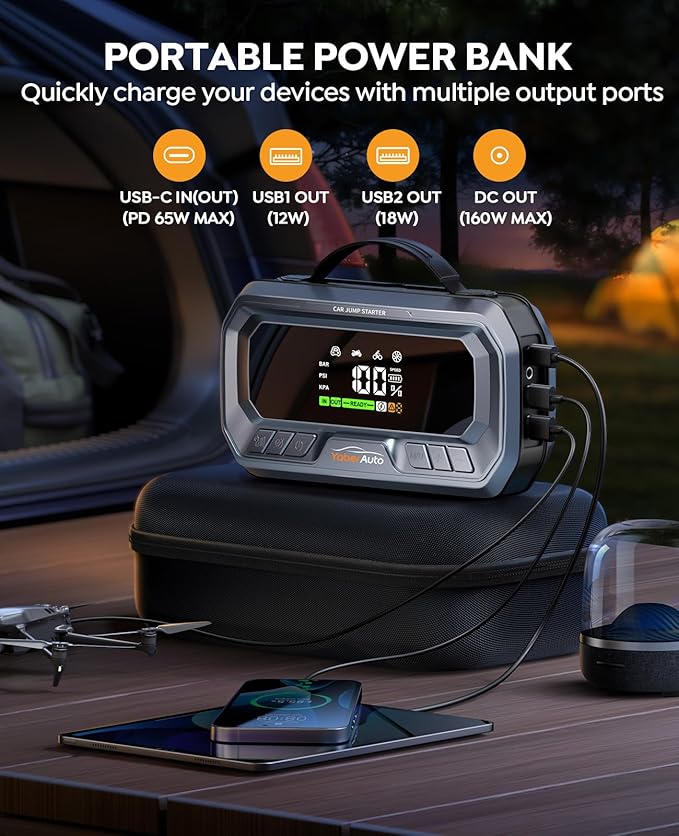YaberAuto 12-in-1 Jump Starter with Air Compressor 8000A 160PSI 65W Charging, Portable Car Battery Jump Starter (All Gas/14L