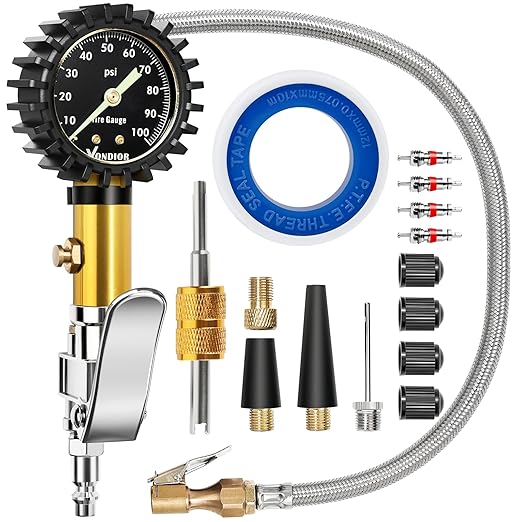 Vondior Tire Inflator with Pressure Gauge (0-100 PSI) with Large 2" Glow Dial- ANSI B40.1 Accurate, Premium Braided Hose, Durable Rubber Cover, Perfect for Car, Truck, Motorcycle, RV