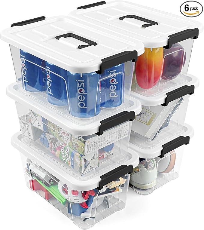 NUMIFUN Plastic Storage Bins With Lids 6 Pack Storage Organizer Bins, 7 Quart Stackable Storage Bins with Lids and Black Hand