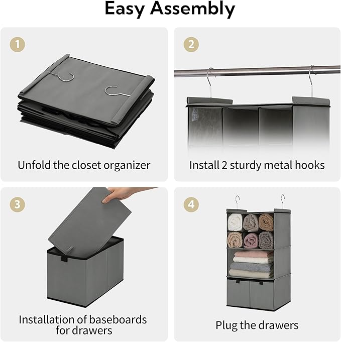 GRANNY SAYS Hanging Closet Organizer with Drawers, 4 Shelf Dividers Closet Hanging Organizer, Foldable Hanging Shelves for Wa