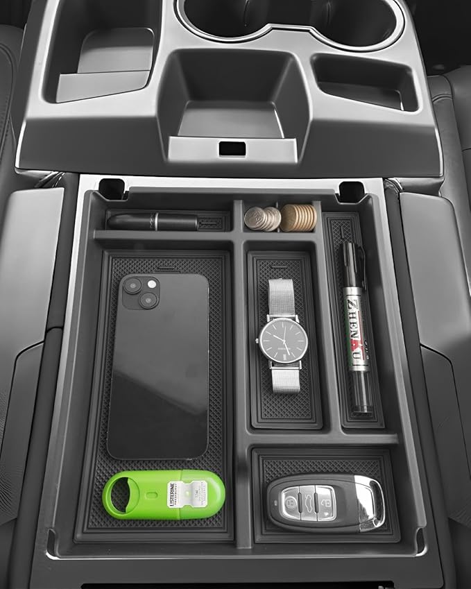 for Center Console Tray Compatible with 2019-2026 Chevy Silverado 1500& 2020-2026 Silverado 2500HD 3500HD (Split-Bench Folding Seat) Armrest Storage Box Console Organizer ABS Materials
