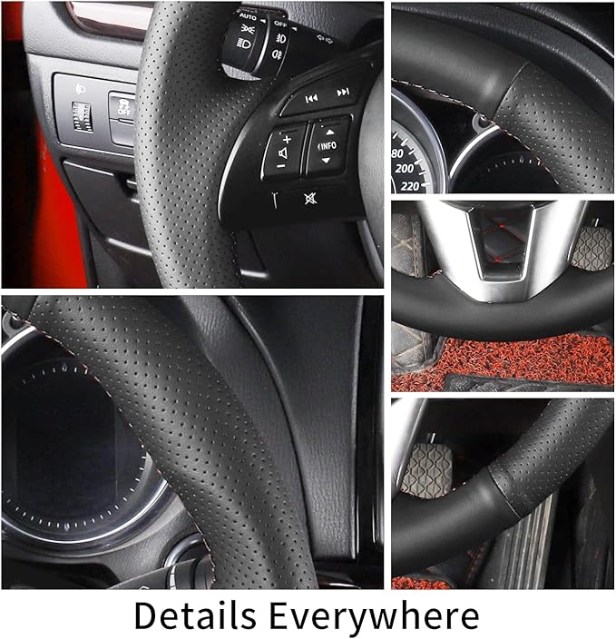 Hand Sewn Microfiber Leather Steering Wheel Cover on Wrap,Fit for Mazda 3 2014-2016 Mazda 6 2014-2016 Mazda 2 2015-2017 CX-3 2016-2017 CX-5 2013-2016 for Scion iA 2017
