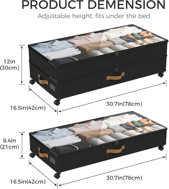 Under Bed Storage with Wheels 2-Pack, 75L XXL Under the Bed Storage Containers Large, 12" Tall Adjustable Storage for Underbe