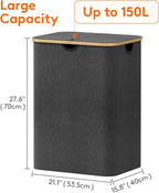 Lifewit 150L Laundry Basket with Lid, Clothes Hampers for Laundry with Bamboo Handles and 2 Removable Bag, Large Foldable Lau