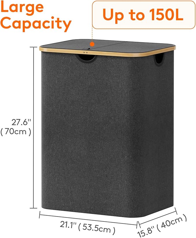 Lifewit 150L Laundry Basket with Lid, Clothes Hampers for Laundry with Bamboo Handles and 2 Removable Bag, Large Foldable Lau