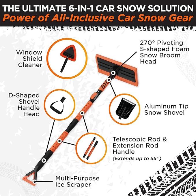 RoofPax 55" Ice Scrapers for Car Windshield and 270° Pivoting Non-Scratch Snow Brush Winter Car Kit with Snow Shovel Snow Brush for Cars and Snow Scraper with Extendable Snow Shovel for Car