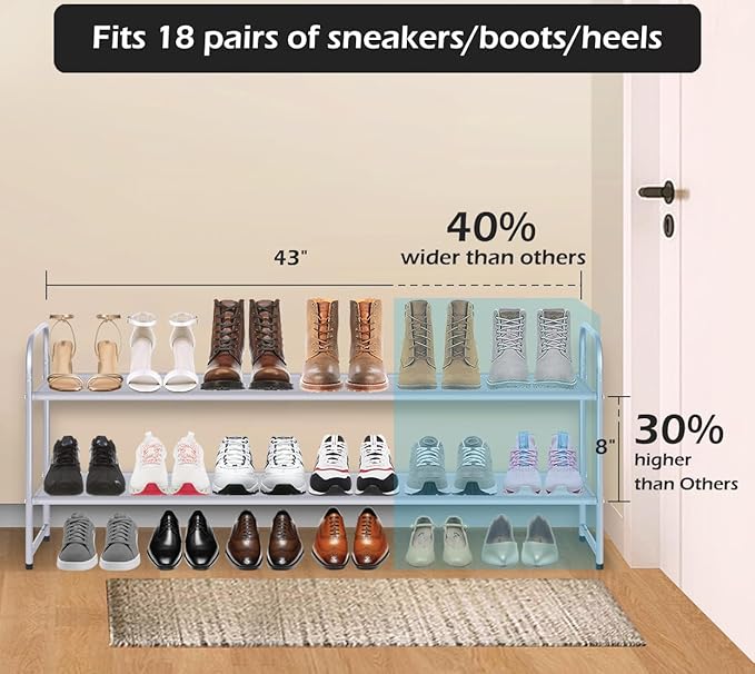 MISSLO 2 Tier Long Shoe Rack for Closet Shoe Organizer Holds 18-Pairs, Wide Low Stackable Shoe Storage Shelf for Bedroom Floo