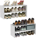 2 Pack White Shoe Rack for Closet, 2-Tier Expandable Small Shoe Shelf, Stackable Iron Wood Combination Shoe Organizer Racks S